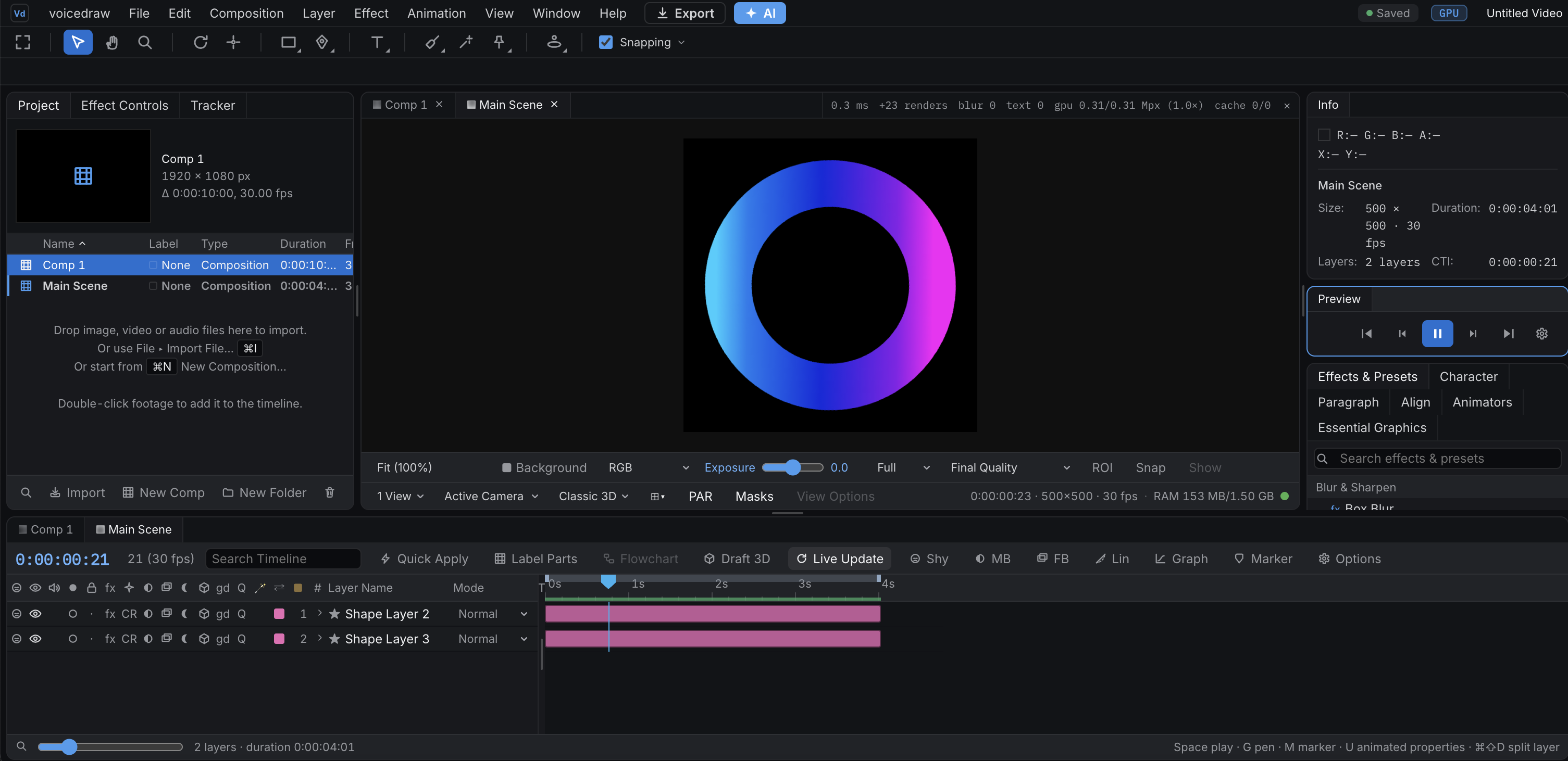 The voicedraw editor with a logo animation open: project panel, viewport, effects library and a full keyframe timeline